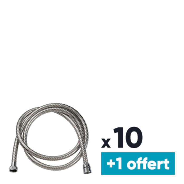 Flexible de douche double agrafage - Odyssea - Chromé - Ecrou libre - 2,00 m - Lot de 10 + 1 OFFERT