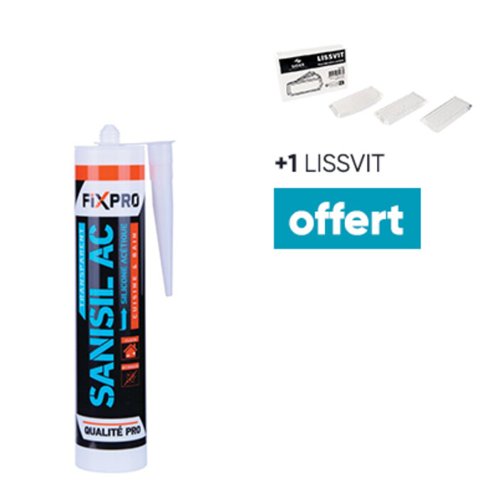 Mastic silicone - FIXPRO - Sanisil AC - Transparent - Vendu par 12 + 1 Applicateur de silicone offert-1