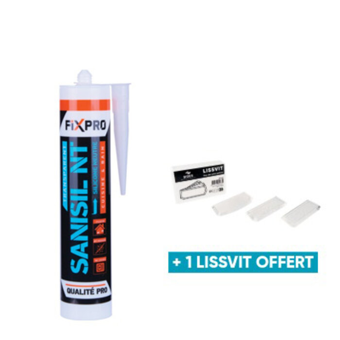 Mastic silicone neutre - Sanisil NT - Fixpro - Transparent - Lot de 12 + 1 applicateur de silicone OFFERT