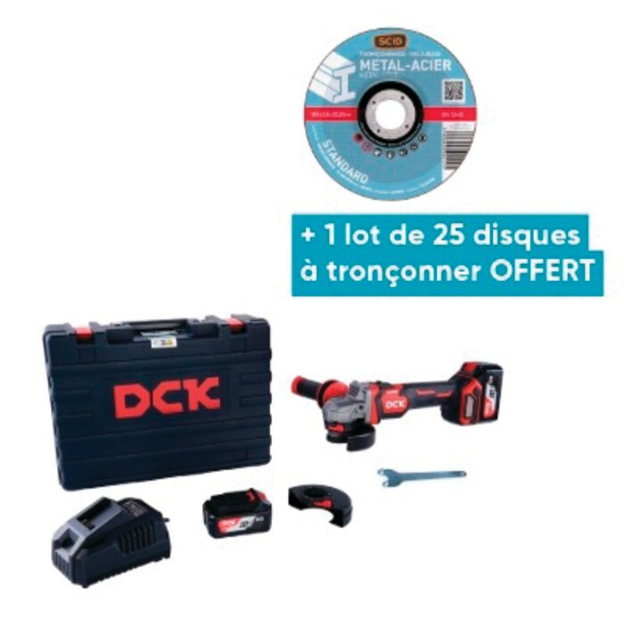 Meuleuse d’angle sans fil – DCK – 20 V – Moteur brushless – 125 mm + 25 disques à tronçonner OFFERTS-1