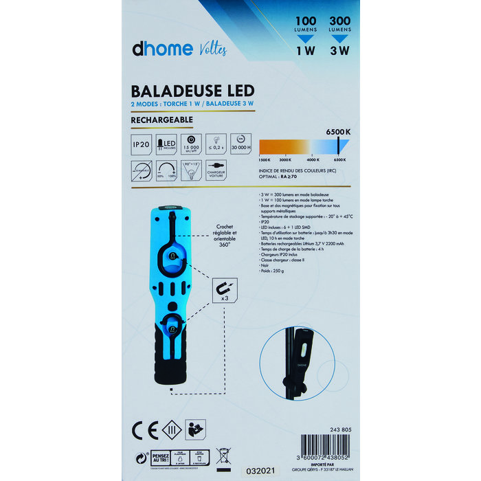 Baladeuse LED - Voltes - Dhome - 3 W - 300 lm - 6500 K - Rechargeable-14