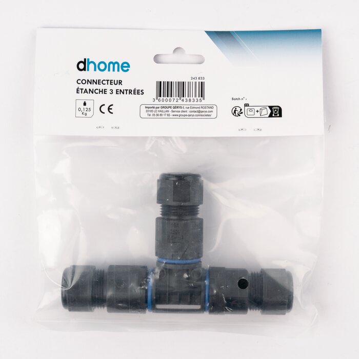 Connecteur électrique étanche - DHOME - Forme en T (3 entrées) - Connexion Auto - IP68-6