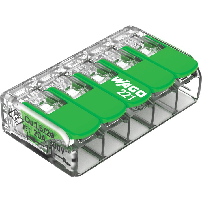 Borne de connexion avec levier - Série 221 - WAGO - 5x4 mm² - Vendu par 8-1