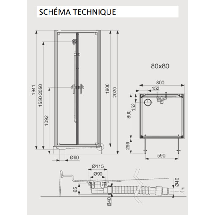 Cabine de douche – ODYSSEA – Ezya – 80 x 80 cm – Portes Battantes – Carré – Hauteur 202 cm-1