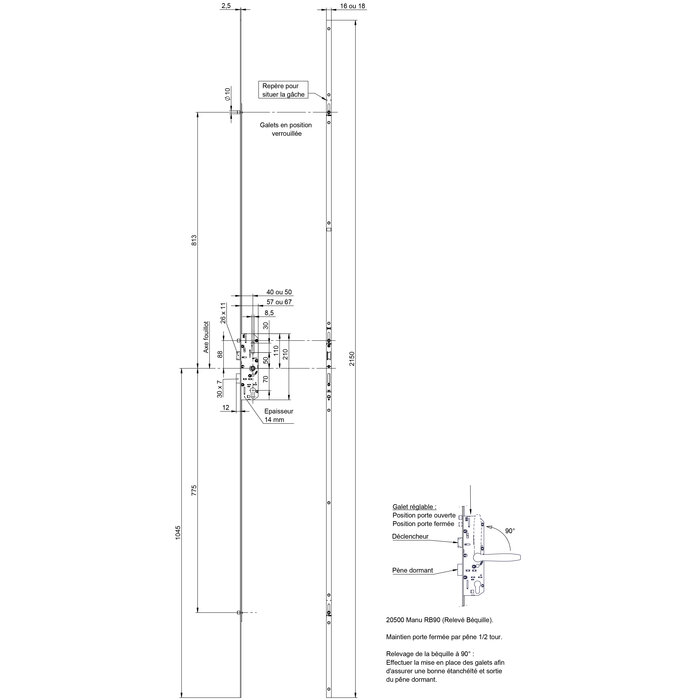 Serrure multipoints à relevage de béquille – VACHETTE – 20500 RB90 – 3 rouleaux – Axe 40 mm-1
