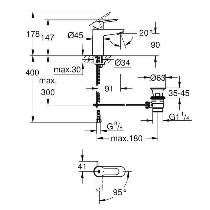 Mitigeur lavabo - GROHE - Bauedge Taille S -  5 L/min - Vidage + tirette-1