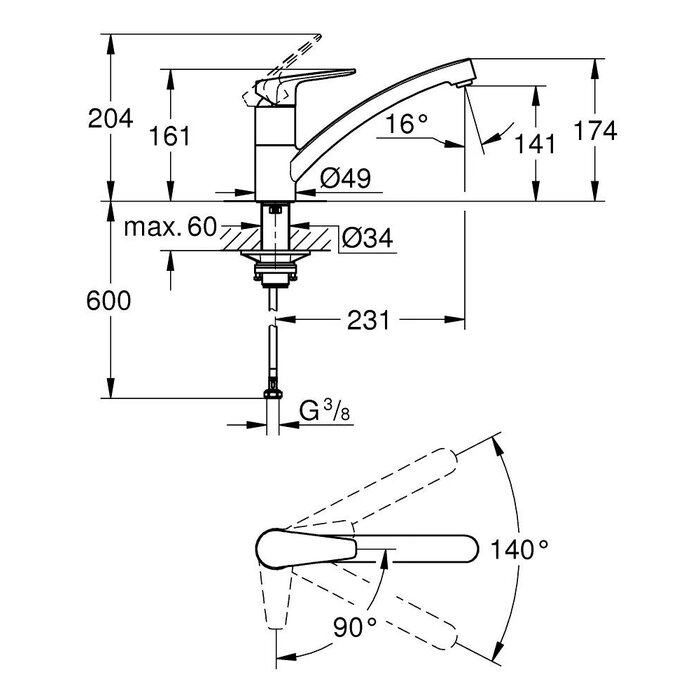 Mitigeur monocommande évier - GROHE - Bauedge - Bec bas pivotant 140°-1