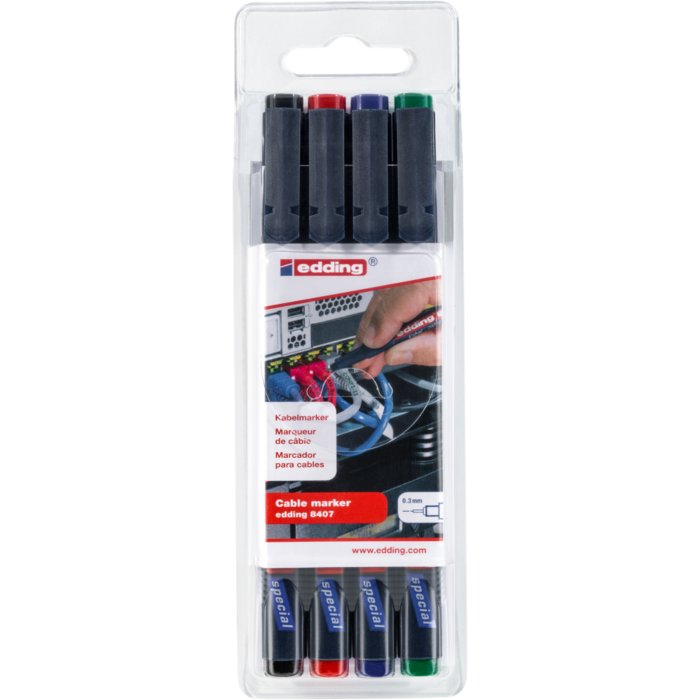 Kit de 4 marqueurs câble - EDDING - noir/ rouge/ bleu et vert 