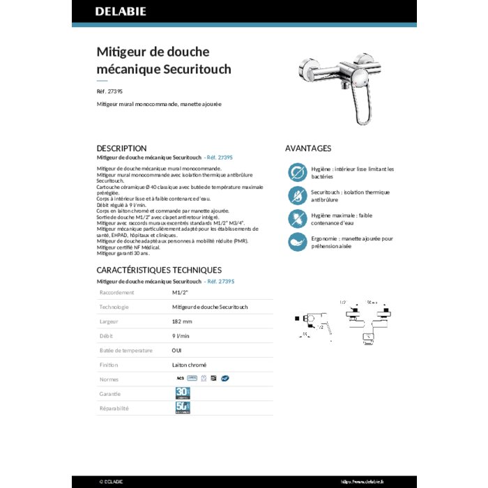 Mitigeur de douche - DELABIE - Securitouch - Débit 9l/min -1