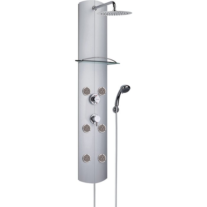 Colonne de douche hydromassante thermostatique - Totem Alu - Valentin - Tête douche ronde ⌀ 25 cm - Douchette 3 jets - Avec tablette