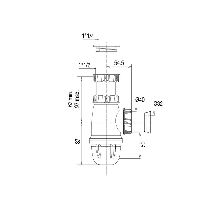 Siphon d'évier – VALENTIN – Entrée 1"1/2 ou 1"1/4 – Sortie Ø32/40 mm – NF-1