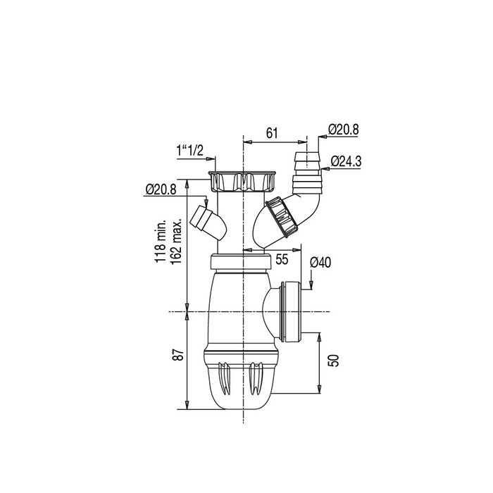 Siphon d’évier avec prises – VALENTIN – CONNECTIC® – Ø40 mm – Plastique recyclé-1