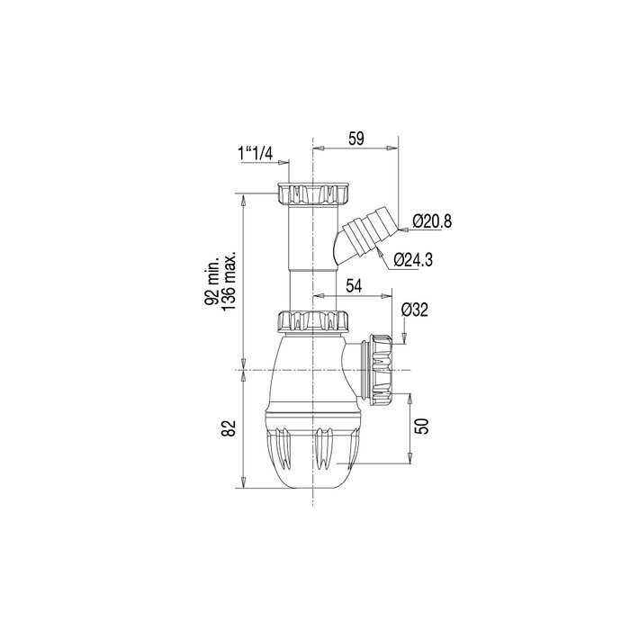 Siphon lavabo avec prise machine à laver – VALENTIN – Entrée 1"1/4 - Ø32 mm - NF-1