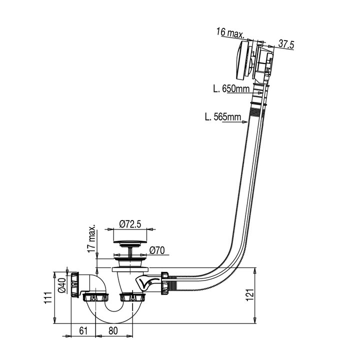 Vidage de baignoire automatique – VALENTIN - câble 650 mm – Plastique recyclé – NF-1