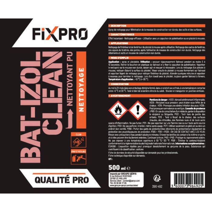 Nettoyant mousse polyuréthane - FIXPRO - Bat-izol clean - Vendu par 12-2