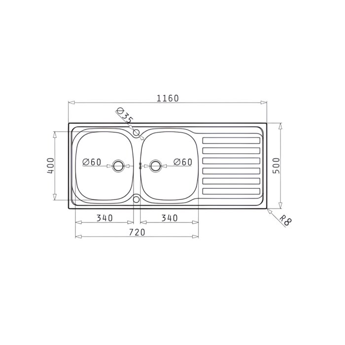 Evier à encastrer - NORD INOX - Derby - Deux cuve - 1160x500mm-1