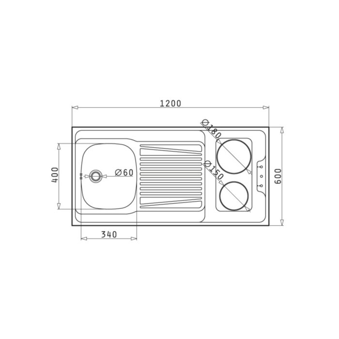 Evier de cuisinette - NORD INOX - 1200x600 mm - Une cuve - Avec plaque de cuisson -1