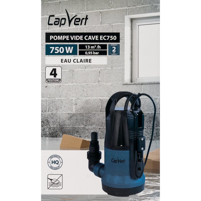 Pompe vide-cave eau claire - EC754 - Capvert - Flotteur intégré - 750 W - 13 m³/h-12