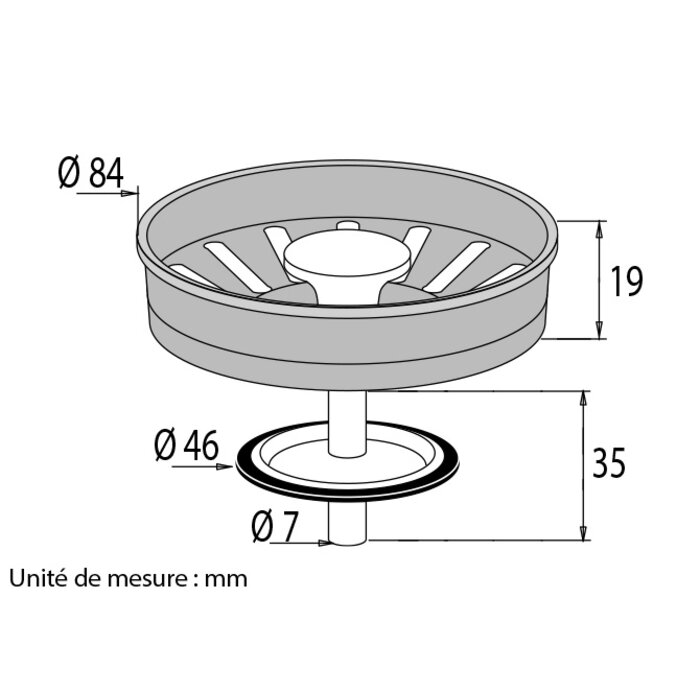 Panier inox pour bonde d’évier – VALENTIN – Ø84 mm – Pour perçage 90 mm – Avec clapet assemblé-1