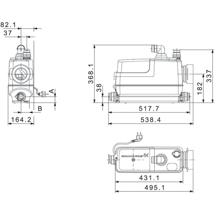 Broyeur WC compact – GRUNDFOS – Sololift2 CWC-3 – Relevage eaux usées WC suspendu avec 3 entrées supplémentaires-1