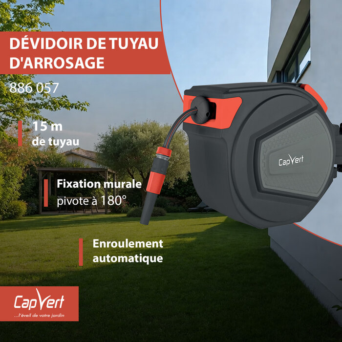 Dévidoir de tuyau d'arrosage mural - Capvert - Enrouleur automatique - L. tuyau 15 m-14