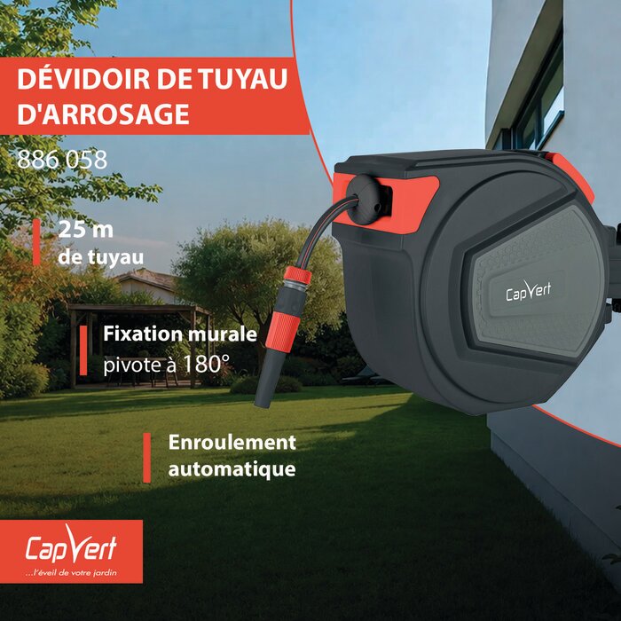 Dévidoir de tuyau d'arrosage mural - CAPVERT - Enrouleur automatique - L. 25 m-15