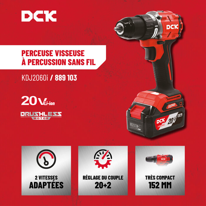 Perceuse visseuse à percussion sans fil - DCK - 20 V - Moteur Brushless-12