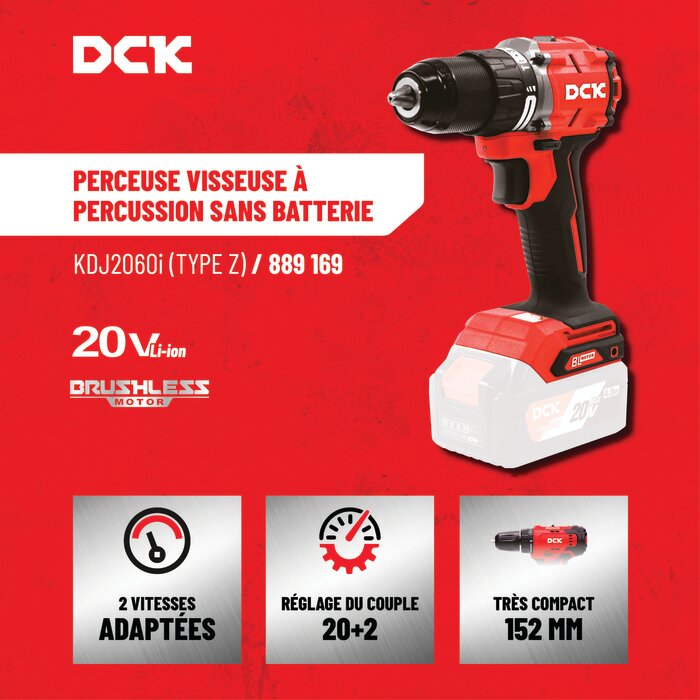 Perceuse visseuse à percussion sans fil - DCK - 20 V - Sans batterie-3
