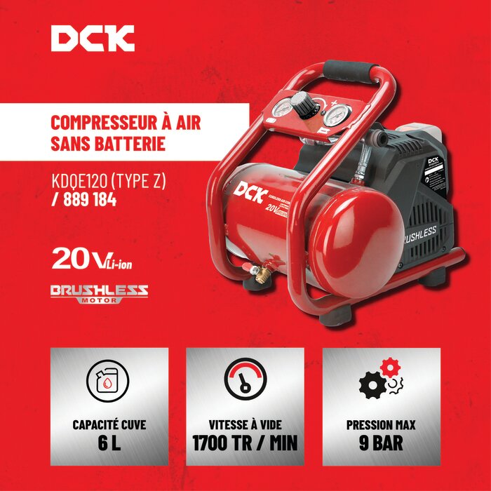 Compresseur d’air sans fil – DCK – 20 V – Moteur Brushless – Cuve 6 L – Sans batterie-5