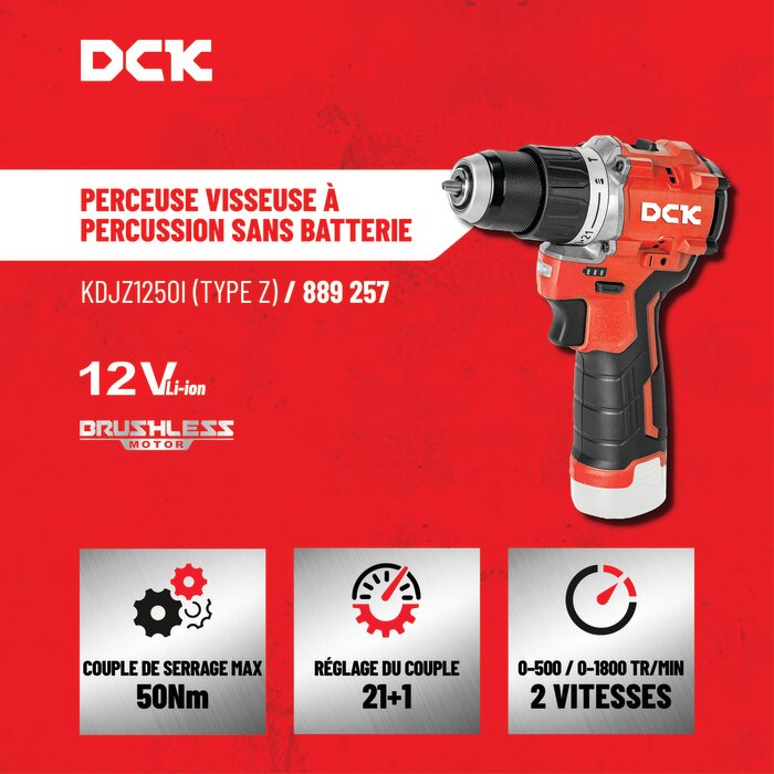 Perceuse-visseuse à percussion sans fil - DCK - 12 V - Sans batterie-2