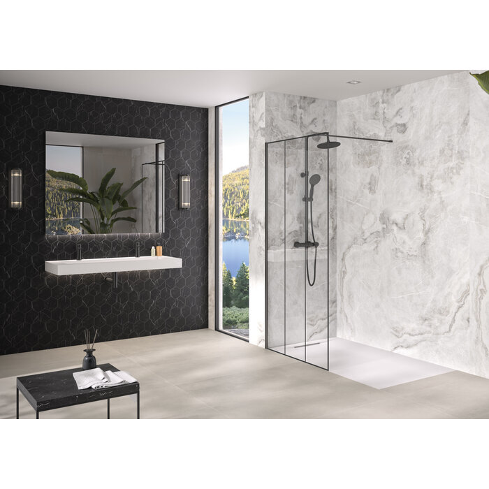 Paroi de douche fixe – KINEDO – Smart Design Solo Factory – Barre droite – Profilé Gris Noir Grainé – Hauteur 200 cm – Largeur 94 à 95,5 cm