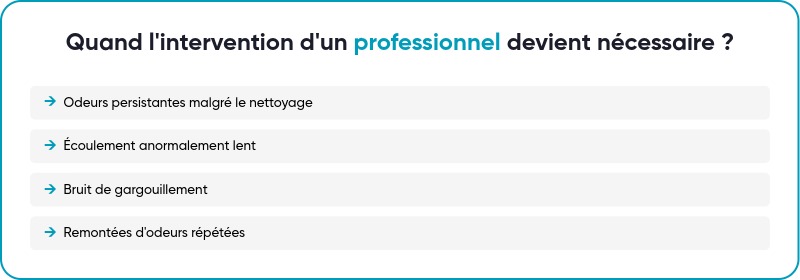 en cas d'odeurs persistantes, découlement lent, de gargouillement ou de remontées d'odeurs régulières, il faut faire appel à un professionnel